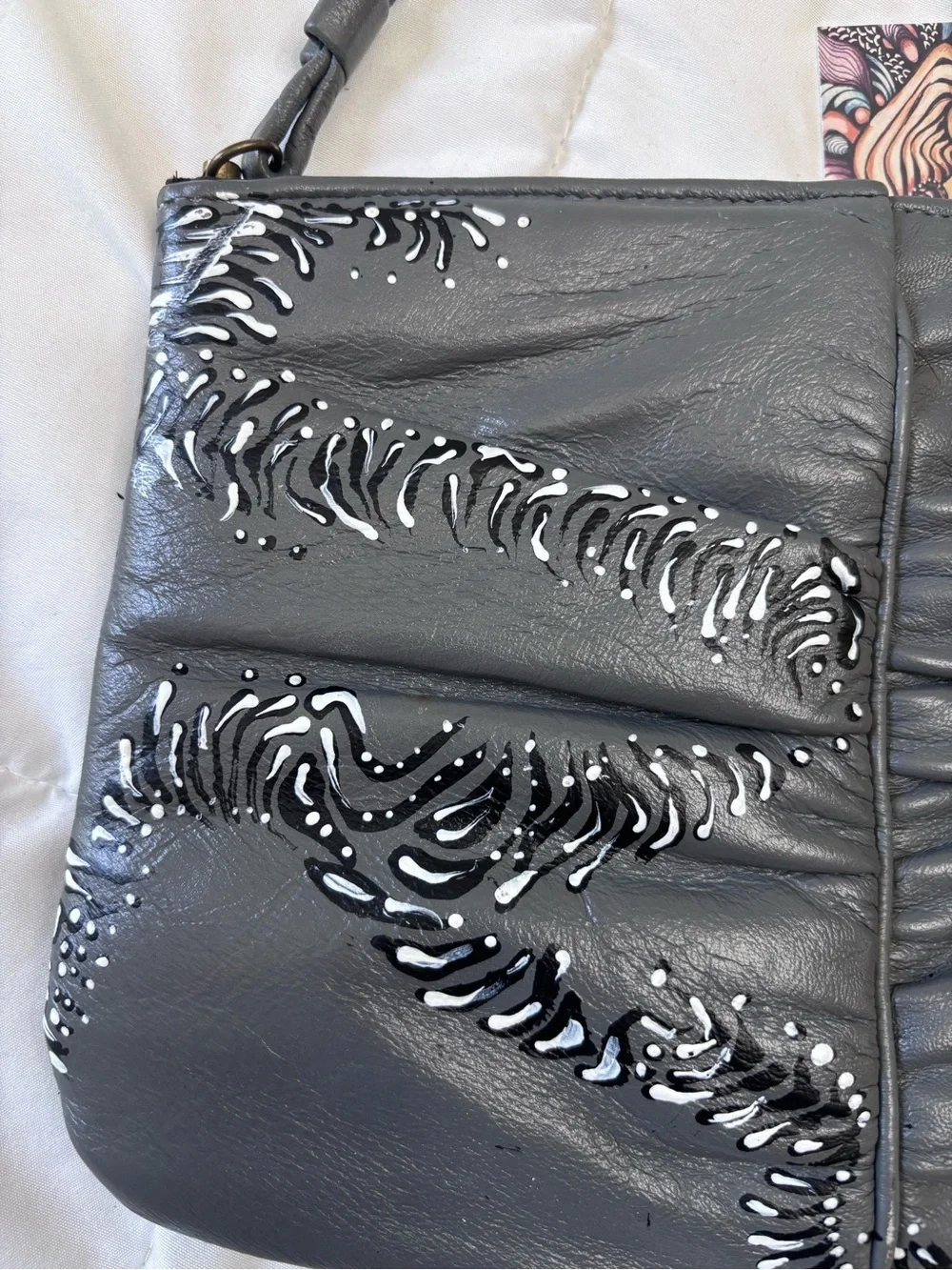 Hand-Painted Grey Leather Crossbody Bag